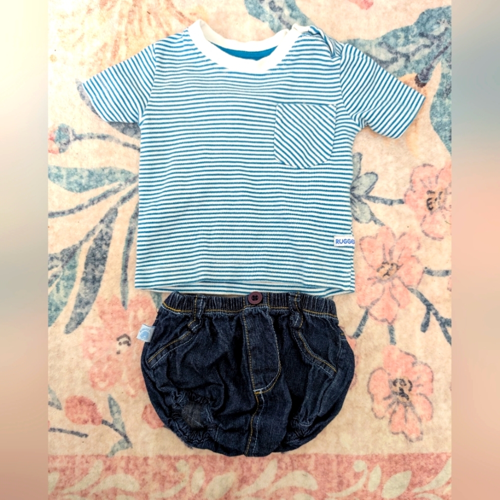 💥3/$24‎ Rugged Butts Striped Tee With Denim Bubble Shorts